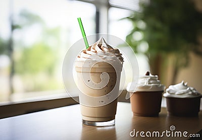 Fresh FrappuccinoÂ with cream served on the wooden table at cafe Stock Photo